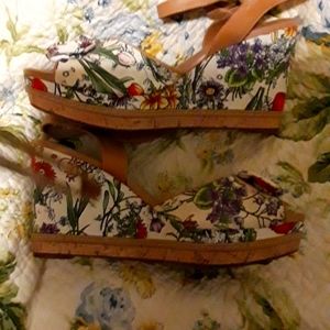 Wedge heels (Clarks artisan worn once) purple red green and pink floral. A bow
